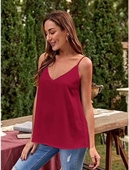 SweatyRocks Women's Soft Solid Deep V Neck Sleeveless Spaghetti Strap Cami Tank Top Loose Chiffon Blouse Camisole