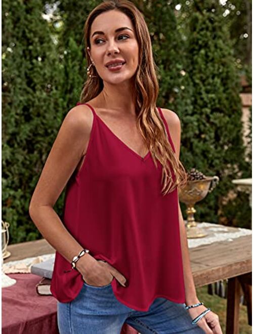 SweatyRocks Women's Soft Solid Deep V Neck Sleeveless Spaghetti Strap Cami Tank Top Loose Chiffon Blouse Camisole