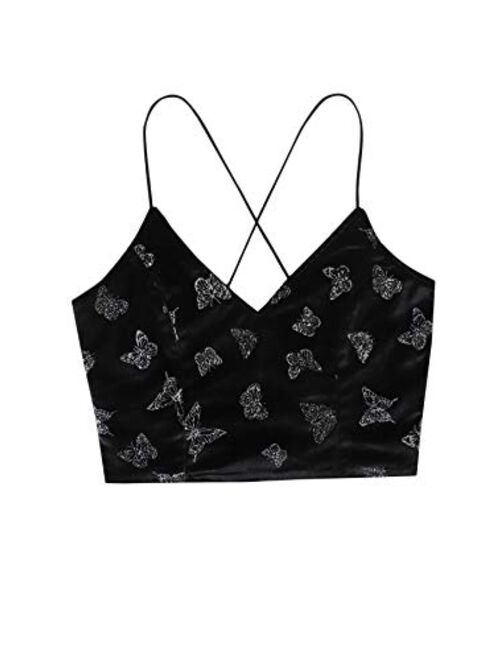 SweatyRocks Women's Tie Back Sun & Moon Graphic Velvet Cami Top