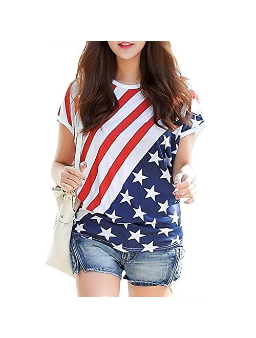 Women's American Flag Shirt 4th of July T-Shirt Patriotic Short Sleeve Tee USA Stripe Star Summer Blouse Tops