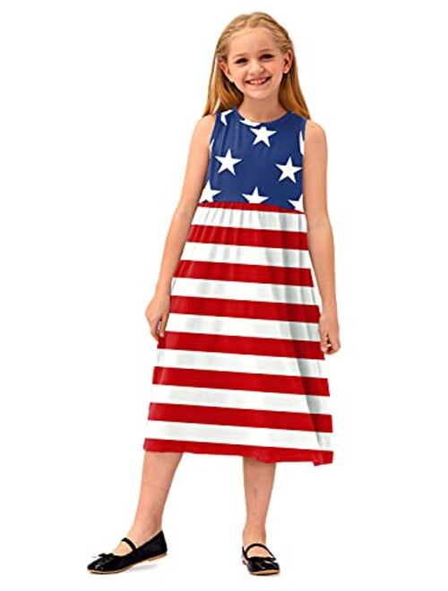BesserBay Girl's Fourth of July American Flag Stars Stripes Patriotic Midi Tank Dress 5-12 Years