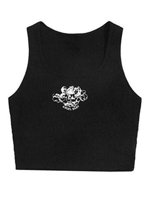SweatyRocks Women's Graphic Print Sleeveless Ribbed Cropped Tank Slim Fit Crop Top