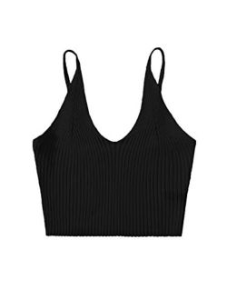 Women's V Neck Crop Cami Tank Top Ribbed Knit Sleeveless Shirt