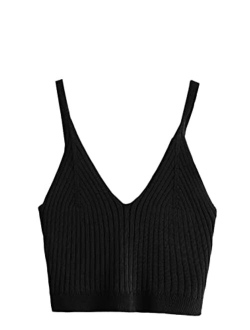 Women's V Neck Crop Cami Tank Top Ribbed Knit Sleeveless Shirt