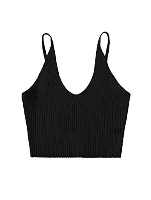 SweatyRocks Women's V Neck Crop Cami Tank Top Ribbed Knit Sleeveless Shirt