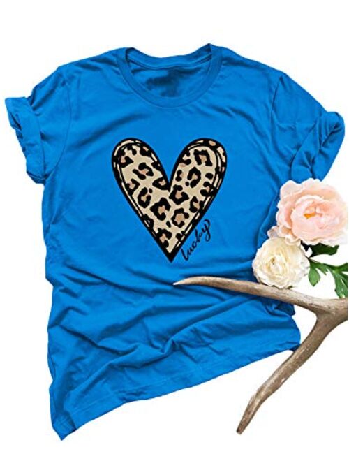 SweatyRocks Women's Valentine's Day Shirts Casual Top T-Shirt Short Sleeve Leopard Love Heart Graphic Tee