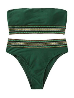 Women's Bathing Suits Striped Bandeau Bikini high Waisted Swimsuits Swimwear Set