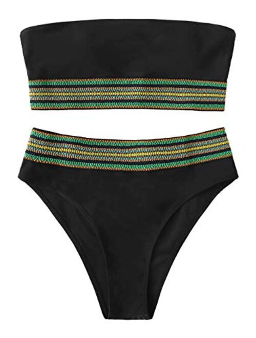 SweatyRocks Women's Bathing Suits Striped Bandeau Bikini high Waisted Swimsuits Swimwear Set