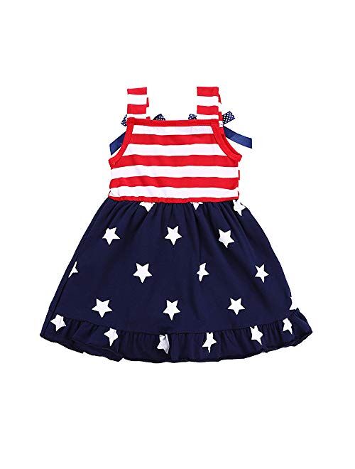 FEDPOP 4th July Dress Toddler Girl Dress Celebrating Independence Day Outfits Red White and Blue Patrotic Flag Kids Clothes.