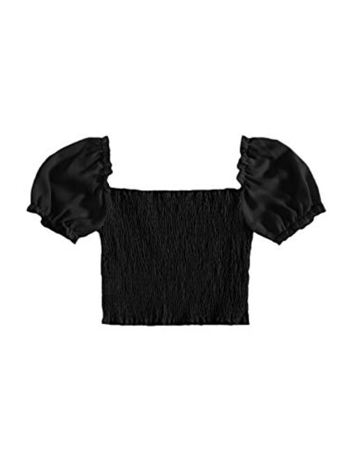 SweatyRocks Women's Puff Short Sleeve Square Neck Shirred Blouse Crop Top