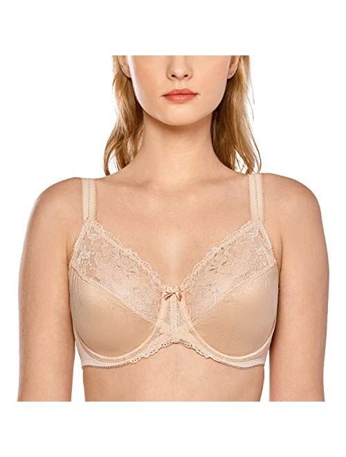 DELIMIRA Women's Lace Sheer Unlined Underwire Full Coverage Plus Size Minimizer Bra