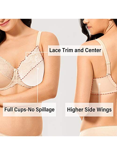 DELIMIRA Women's Lace Sheer Unlined Underwire Full Coverage Plus Size Minimizer Bra