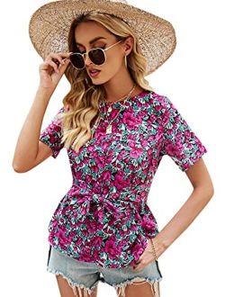Women's Short Sleeve Floral Print Peplum Blouse Shirt Top with Belt