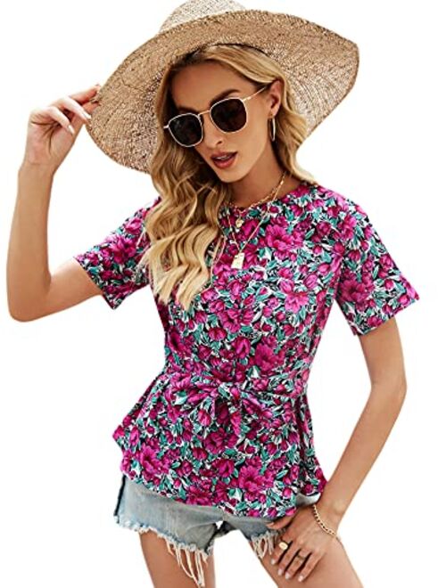 SweatyRocks Women's Short Sleeve Floral Print Peplum Blouse Shirt Top with Belt