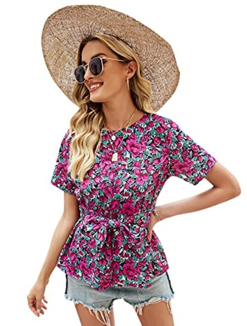 SweatyRocks Women's Short Sleeve Floral Print Peplum Blouse Shirt Top with Belt