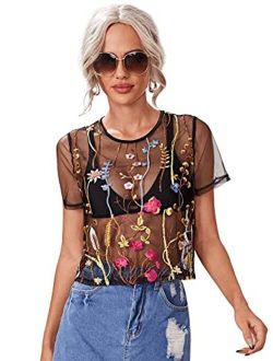 Women Sexy Sheer Mesh Crop Tops Floral Embroided See Throught Short Sleeve T Shirt Blouse