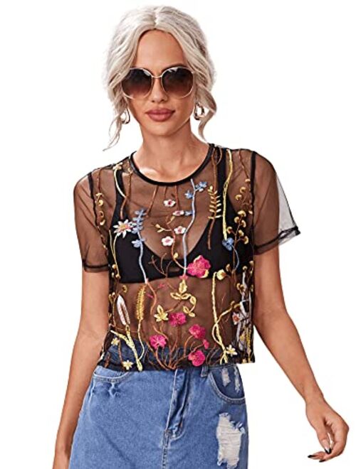 SweatyRocks Women Sexy Sheer Mesh Crop Tops Floral Embroided See Throught Short Sleeve T Shirt Blouse