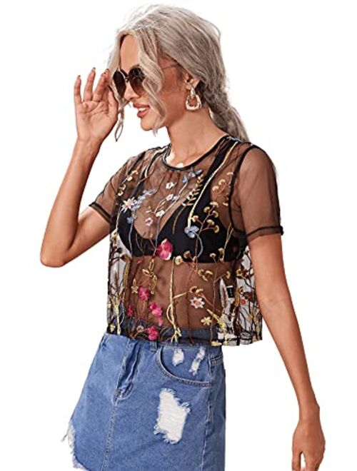 SweatyRocks Women Sexy Sheer Mesh Crop Tops Floral Embroided See Throught Short Sleeve T Shirt Blouse