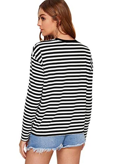 SweatyRocks Women's Casual Striped Tee Shirt Long Sleeve Round Neck Top