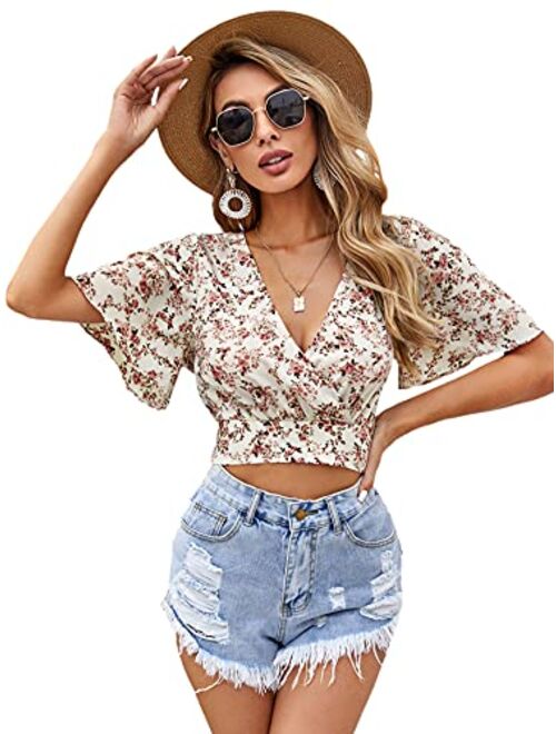 SweatyRocks Women's Floral Short Sleeve Deep V Wrap Shirred Crop Tops Blouse