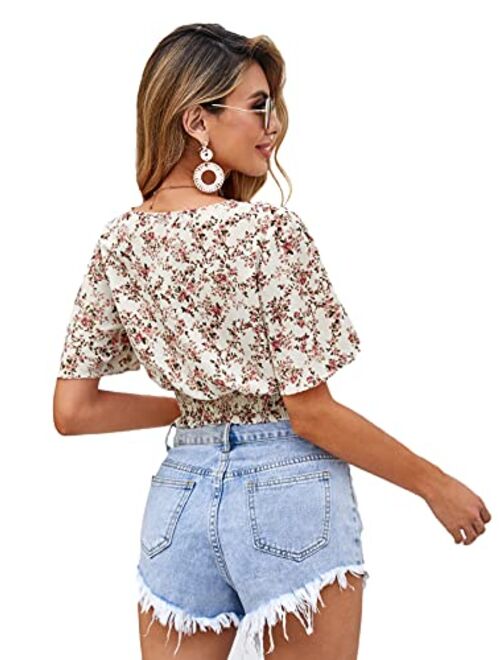 SweatyRocks Women's Floral Short Sleeve Deep V Wrap Shirred Crop Tops Blouse