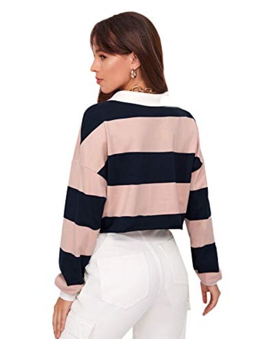 SweatyRocks Women's Striped Color Block Long Sleeve Crop Top Half Button Collar Sweatshirt Pullover