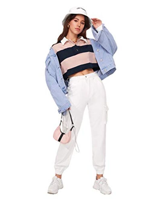 SweatyRocks Women's Striped Color Block Long Sleeve Crop Top Half Button Collar Sweatshirt Pullover