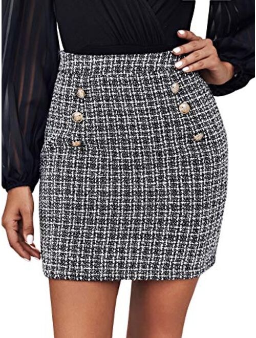 SweatyRocks Women's Elegant High Waist A-line Plaid Tweed Mini Skirt