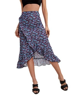 Women's Floral Print High Waist Wrap Ruffle Hem Flared A Line Midi Skirt