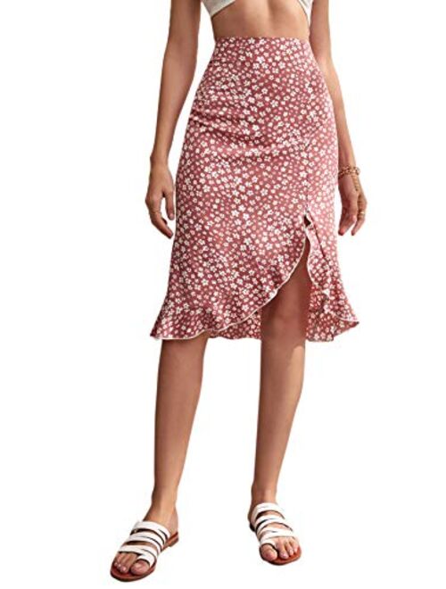SweatyRocks Women's Floral Print High Waist Wrap Ruffle Hem Flared A Line Midi Skirt