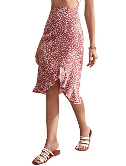 SweatyRocks Women's Floral Print High Waist Wrap Ruffle Hem Flared A Line Midi Skirt