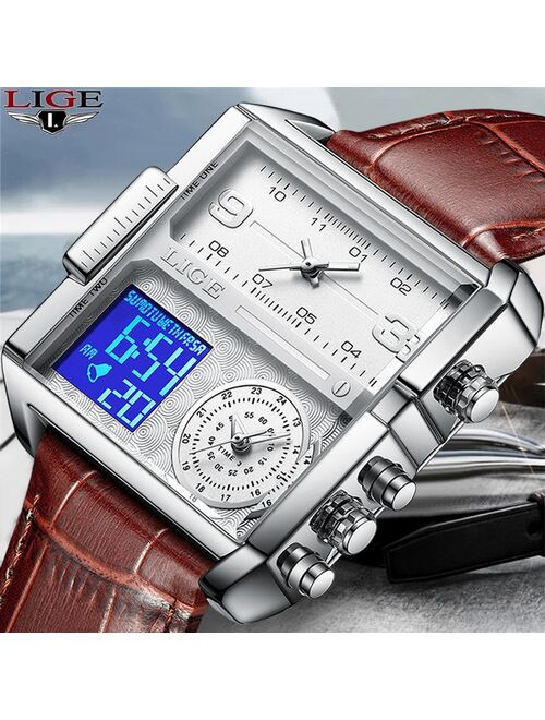 LIGE 2021 Top Brand Luxury Men's Watches Square Digital Sports Quartz Wrist Watch for Men Waterproof Stopwatch