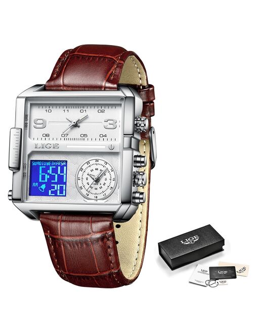 LIGE 2021 Top Brand Luxury Men's Watches Square Digital Sports Quartz Wrist Watch for Men Waterproof Stopwatch