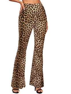 Women's Boho Stretchy Wide Leg Leopard Print Bell Bottom Flare Pants