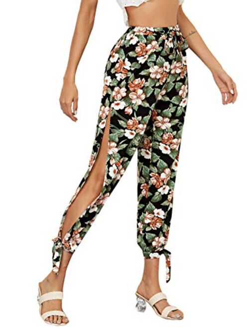 SweatyRocks Women's High Split Harem Pants Drawstring Waist Hippie Pants Trousers