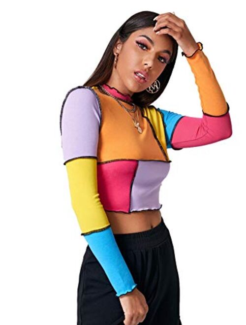 SweatyRocks Women's Color Block Ribbed Knit Slim Fitted Long Sleeve Crop Tee Shirt Top