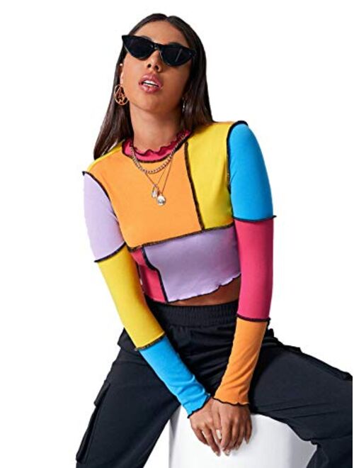 SweatyRocks Women's Color Block Ribbed Knit Slim Fitted Long Sleeve Crop Tee Shirt Top