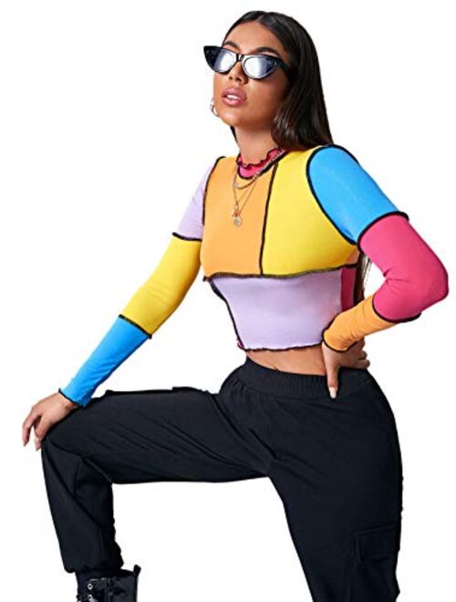 SweatyRocks Women's Color Block Ribbed Knit Slim Fitted Long Sleeve Crop Tee Shirt Top