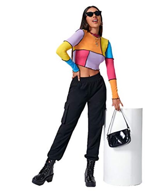 SweatyRocks Women's Color Block Ribbed Knit Slim Fitted Long Sleeve Crop Tee Shirt Top