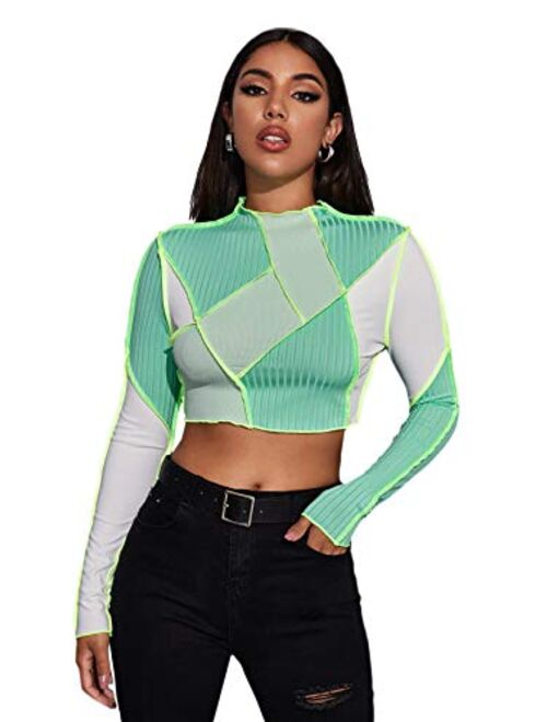 SweatyRocks Women's Color Block Ribbed Knit Slim Fitted Long Sleeve Crop Tee Shirt Top