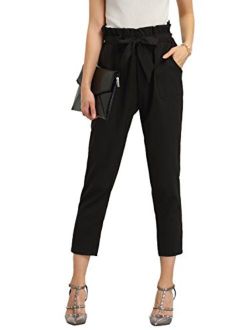 Women's Elastic Belted High Waist Casual Loose Long Peg Pants with Pocket