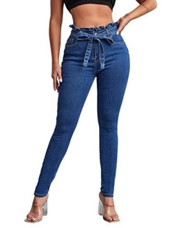 Women's Elastic Paper Bag Waist Long Pants Belted Jeans with Pockets