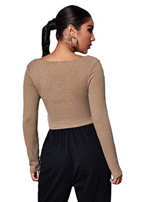 SweatyRocks Women's Basic Deep V Neck Long Sleeve Crop Tops Ribbed Knit Slim Fit Crop Tee Shirt