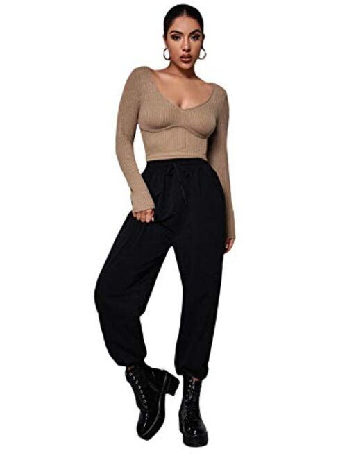 SweatyRocks Women's Basic Deep V Neck Long Sleeve Crop Tops Ribbed Knit Slim Fit Crop Tee Shirt