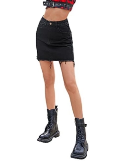 Women's Casual Distressed Ripped Raw Hem Bodycon Mini Denim Skirt