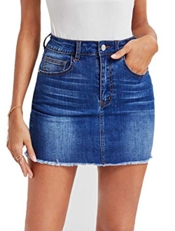 Women's Casual Distressed Ripped Raw Hem Bodycon Mini Denim Skirt