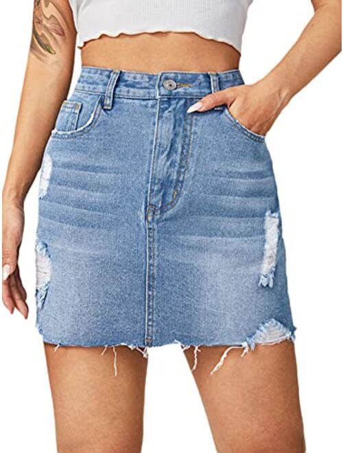 SweatyRocks Women's Casual Distressed Ripped Raw Hem Bodycon Mini Denim Skirt
