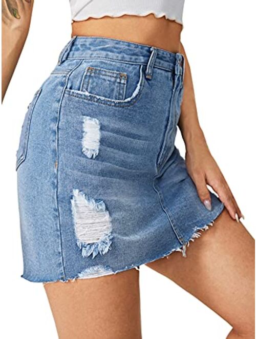 SweatyRocks Women's Casual Distressed Ripped Raw Hem Bodycon Mini Denim Skirt