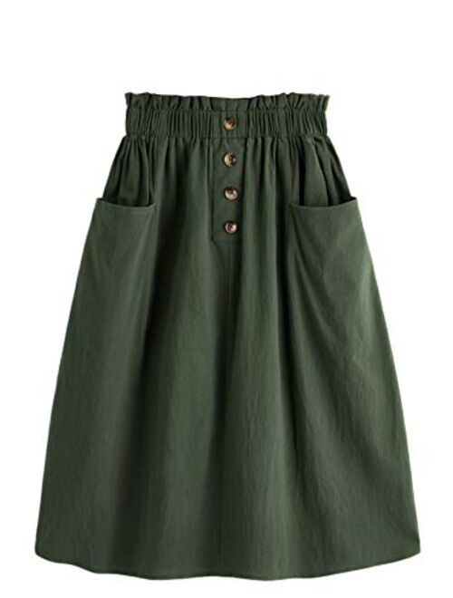 SweatyRocks Women's Casual Paper Bag Waist A Line Pleated Midi Skirt with Pockets