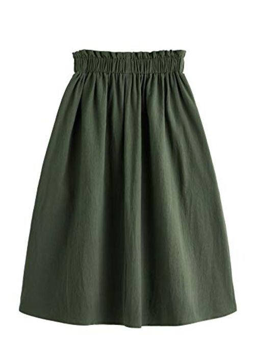 SweatyRocks Women's Casual Paper Bag Waist A Line Pleated Midi Skirt with Pockets